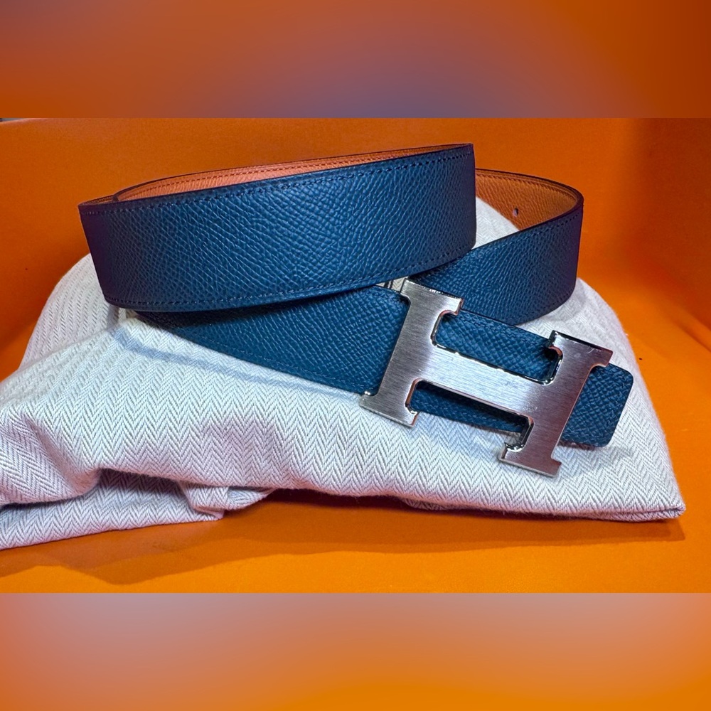 Hermès Reversible Leather Belt Silver H Buckle – Gray / Orange – Size 85